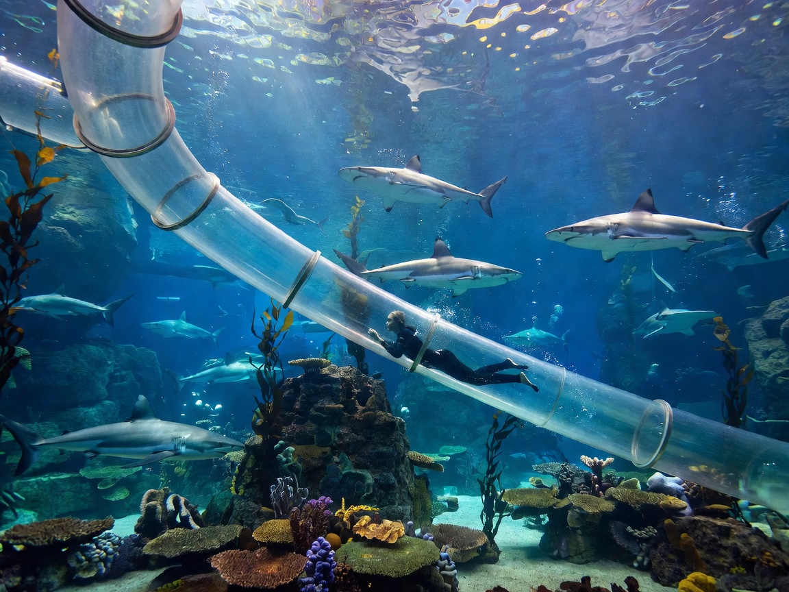 Aquarium shark tank underwater transparent tube slide at Reda Aquapark