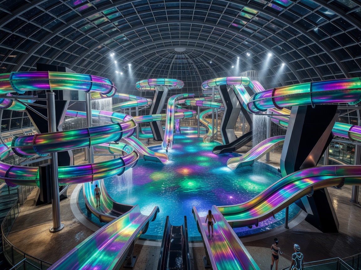 Futuristic mega water park indoor dome with colorful slides and illuminated pool