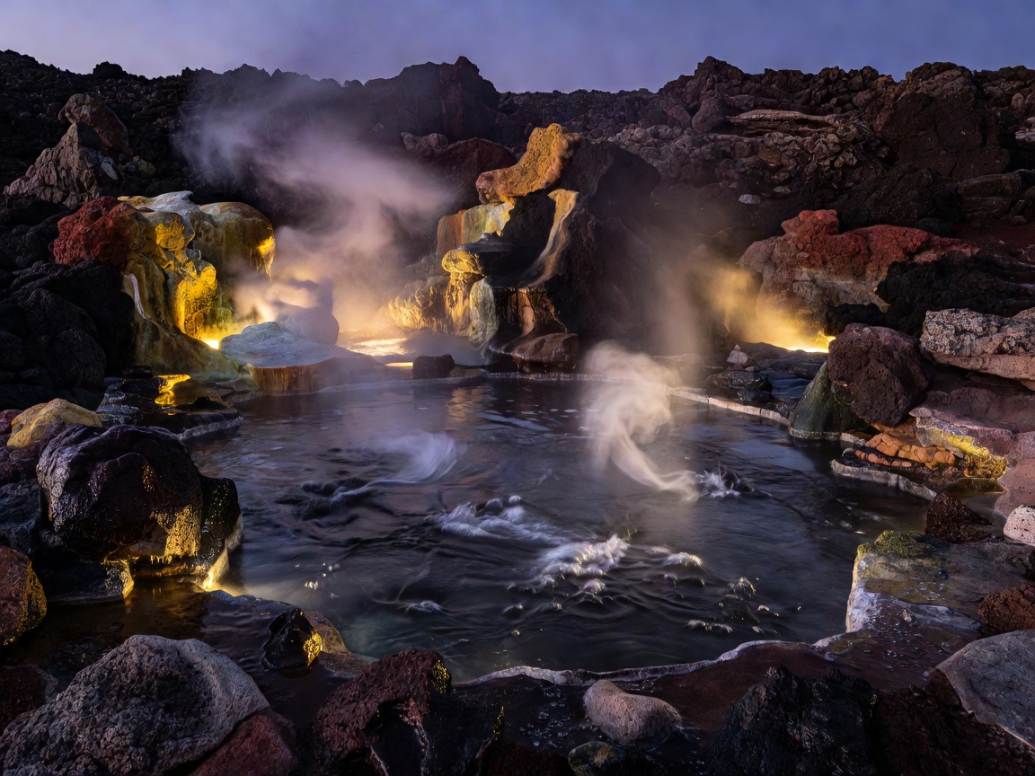 Geothermal bubbling spa pool with ambient lighting
