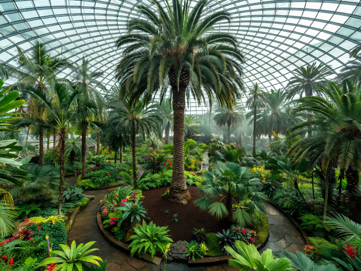Massive indoor palm tree garden and glass dome at Suntago Park of Poland