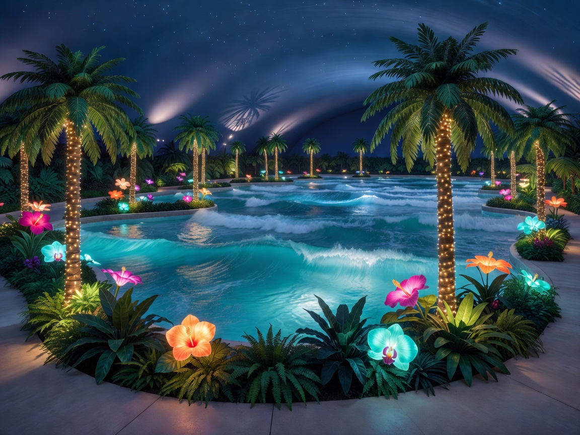 Mega indoor wave pool with illuminated tropical decor