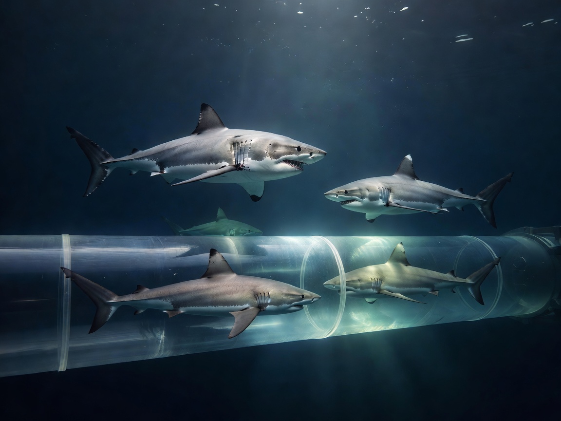 Real live sharks swimming above transparent illuminated tube