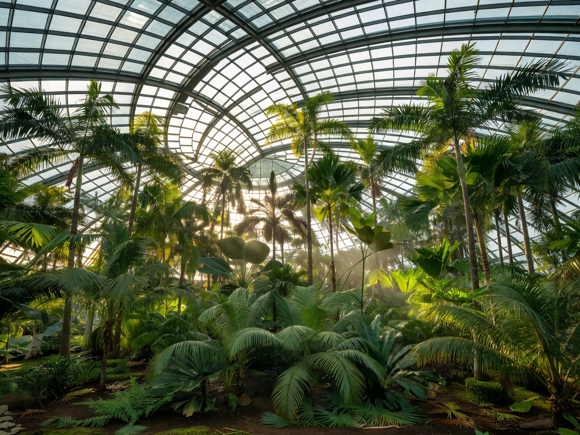 Retractable glass dome over hundreds of tropical palm trees