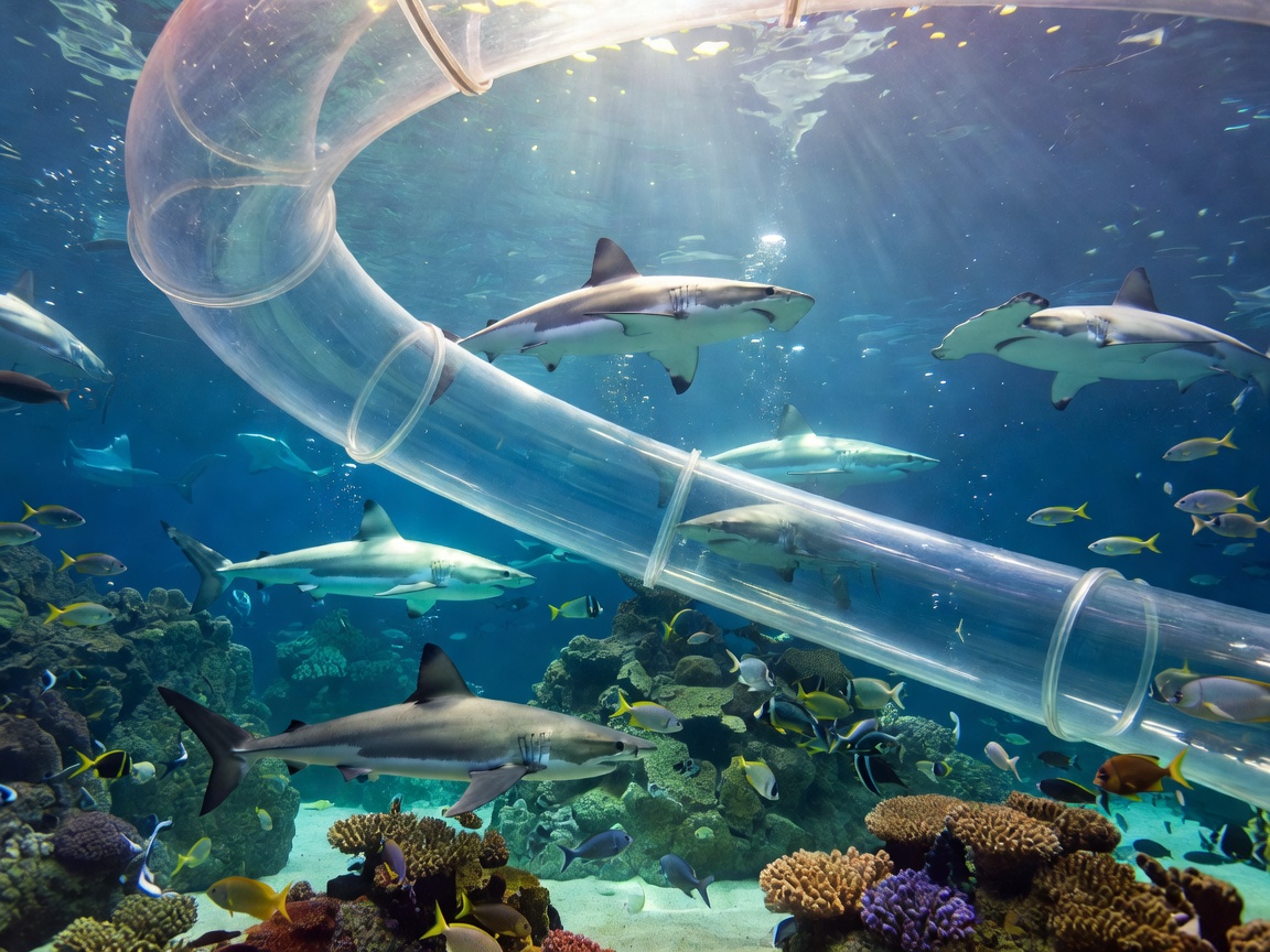 Subaquatic shark slide transparent tube through marine tank in Aquapark Reda