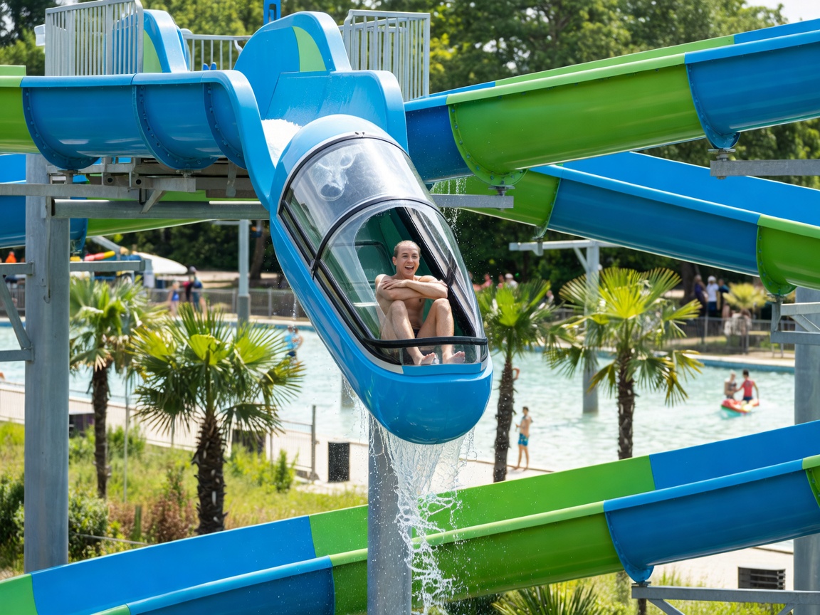 Vertical freefall water slide capsule at Park of Poland